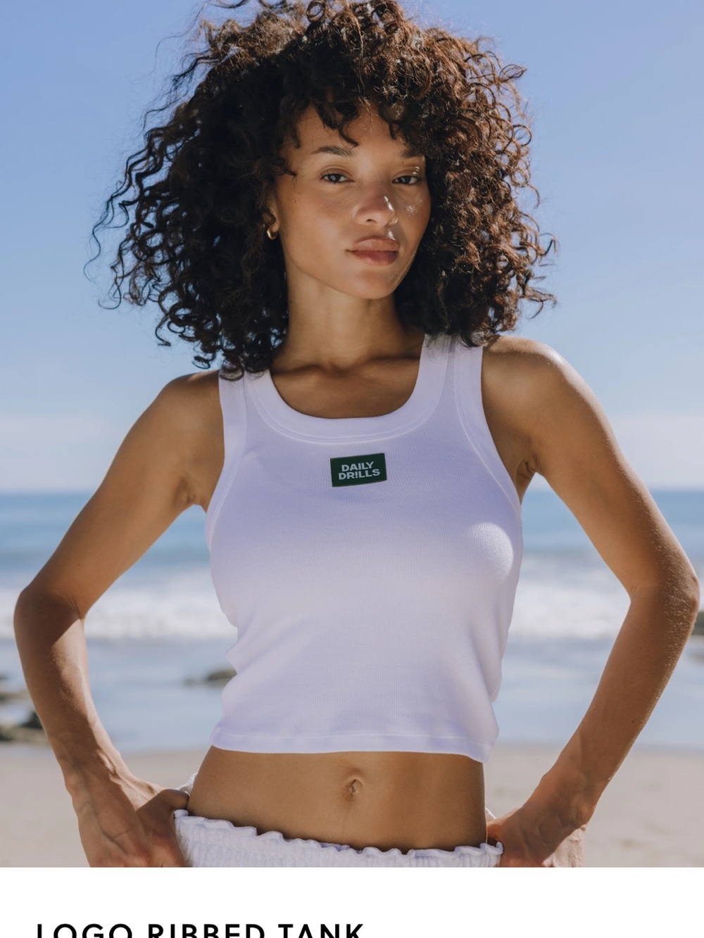 Daily Drills White Ribbed Tank with Green Logo Patch